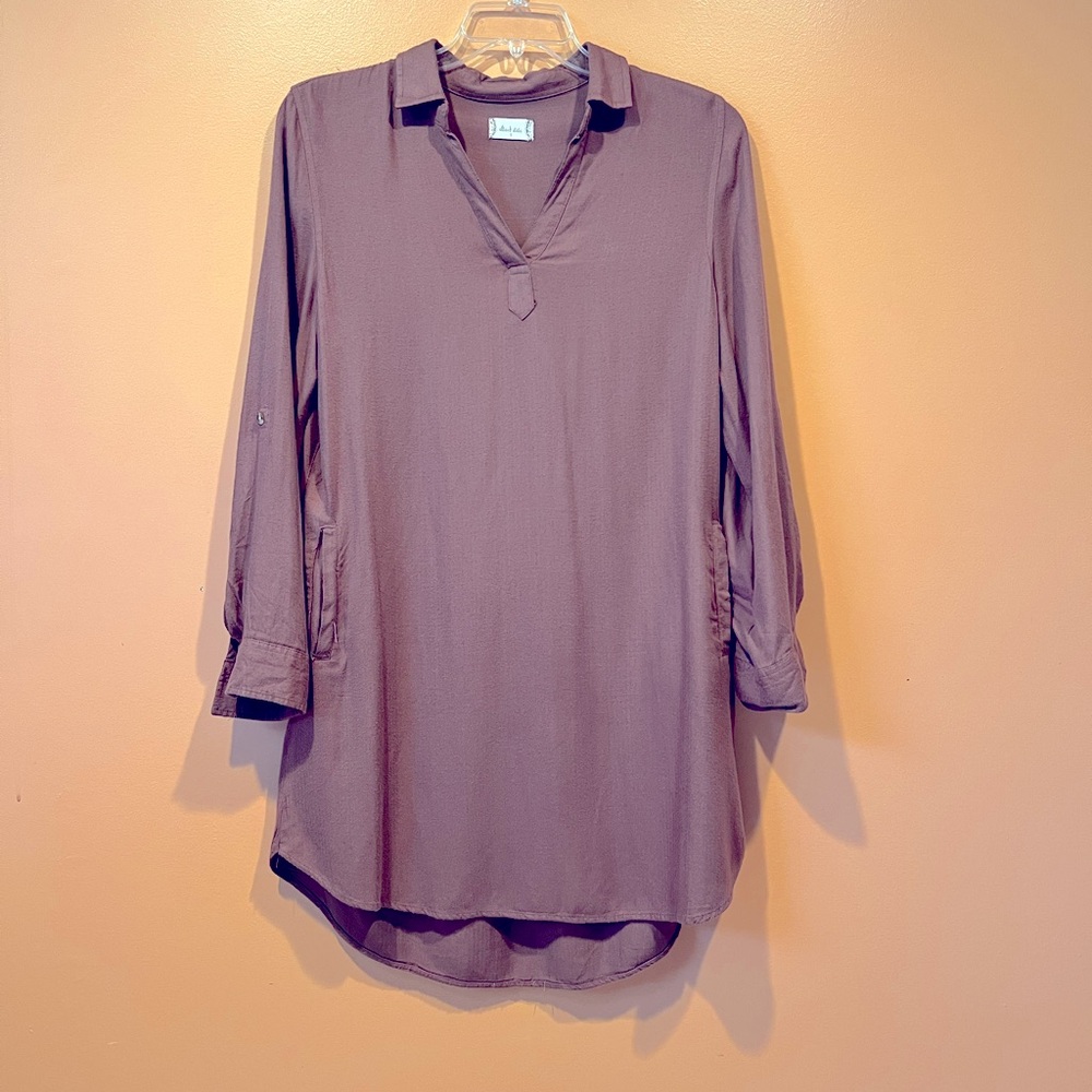 Altar’d State Size Small Cocoa Brown Women’s V Neck Roll Tab Sleeve Shirt Dress